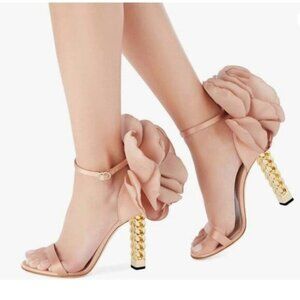 FSJ Pink Flower Gold Metal Chain Chunky High Heels Ankle Strap Open Toe Sandals